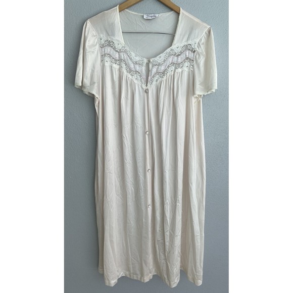 VTG Vanity Fair Pink White Nightgown Dress Pajama Dress Lace XL Pocket - Picture 7 of 15